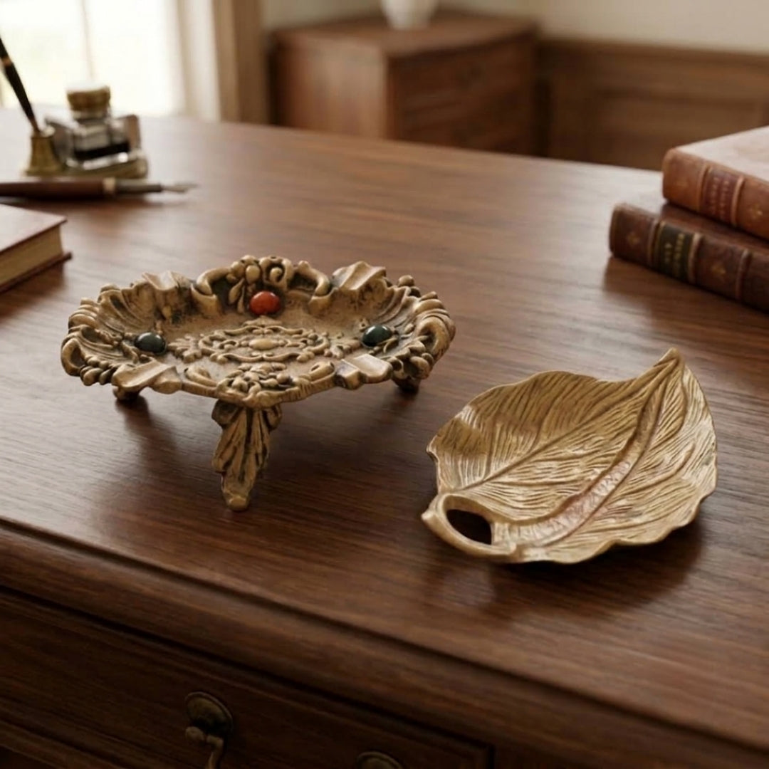 Antique Brass Engraved Decorative Stand and Leaf Plate Set | Handcrafted Decorative Tray Set | Made in 1978