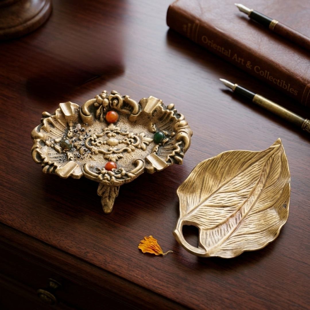 Antique Brass Engraved Decorative Stand and Leaf Plate Set | Handcrafted Decorative Tray Set | Made in 1978