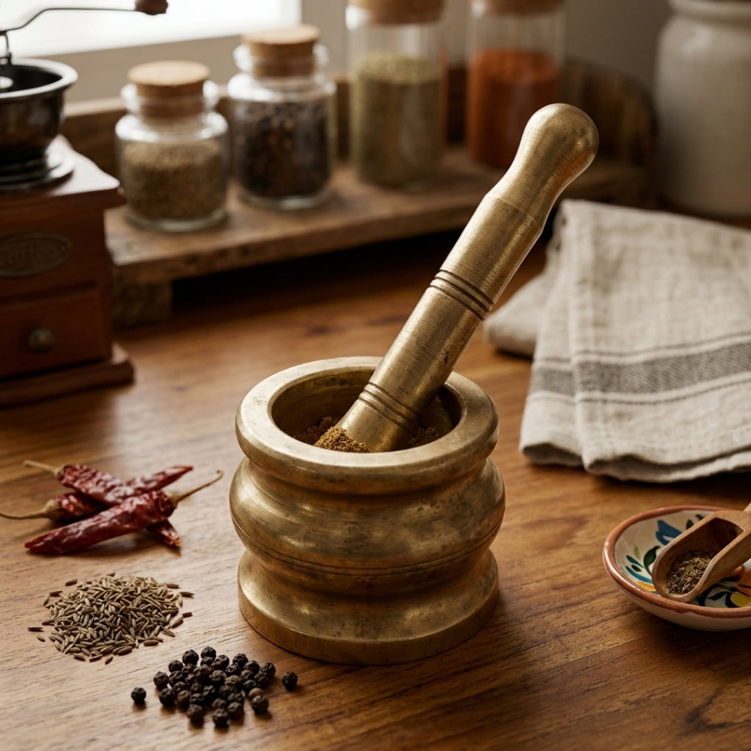 Antique Brass Khalbatta | Traditional Mortar and Pestle Set | Made in 1971