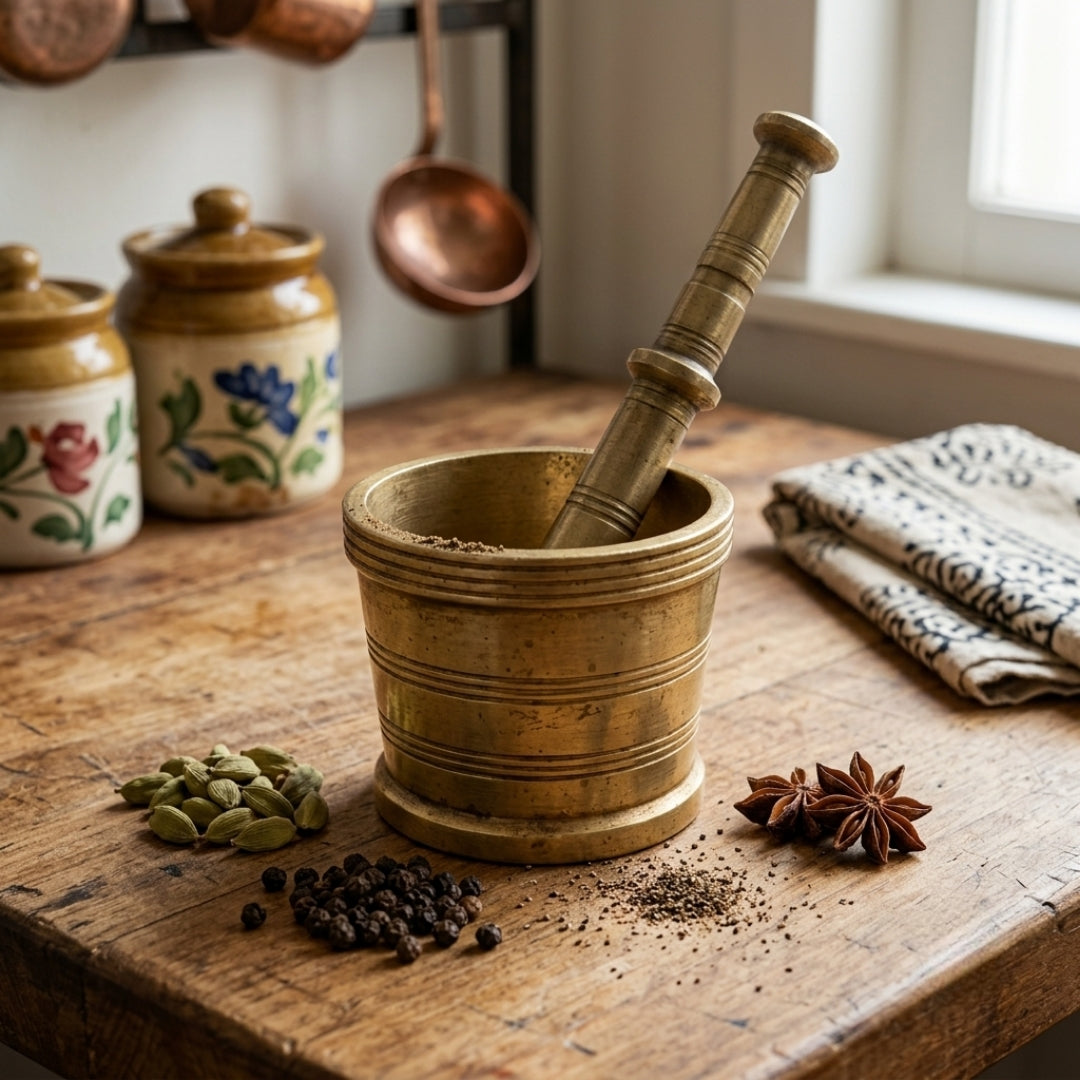Antique Brass Small Khalbatta | Traditional Mortar and Pestle Set | Made in 1977