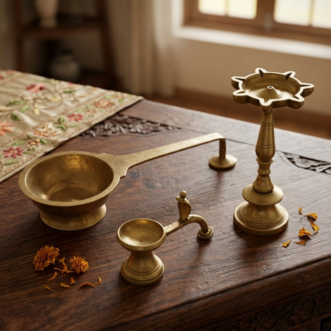 Antique Brass Samay and Diya Set of 3 | Traditional Handcrafted Ritual Ensemble | Made in 1973