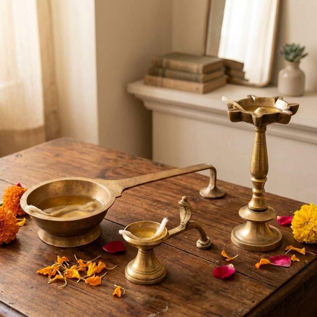 Antique Brass Samay and Diya Set of 3 | Traditional Handcrafted Ritual Ensemble | Made in 1973