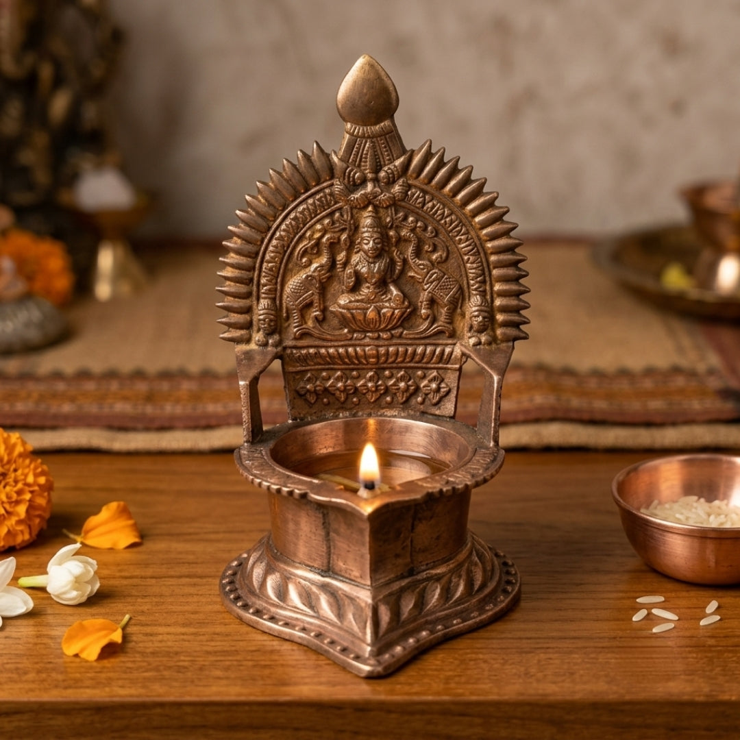 Antique Copper Engraved Diya | Traditional Oil Lamp | Made in 1978