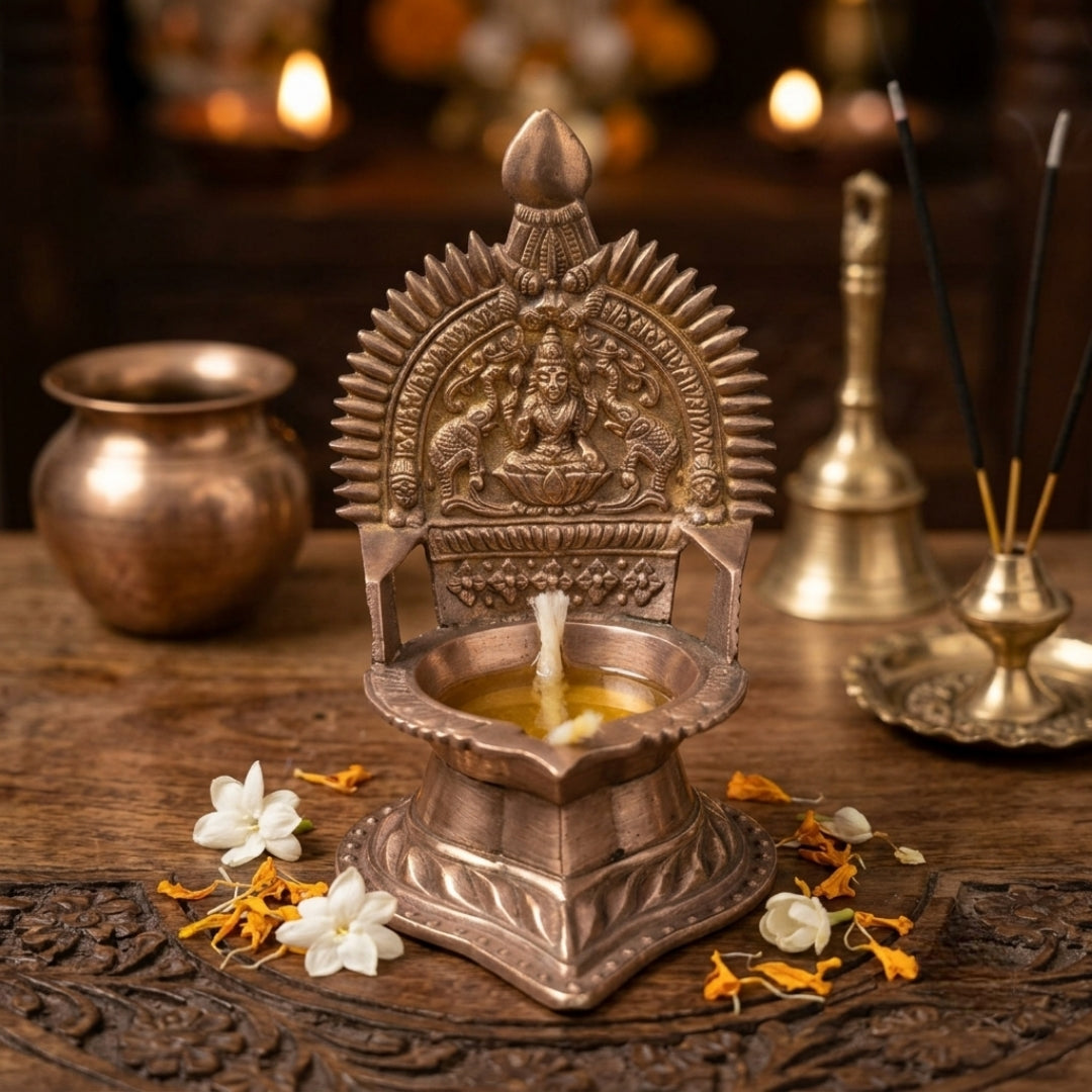 Antique Copper Engraved Diya | Traditional Oil Lamp | Made in 1978