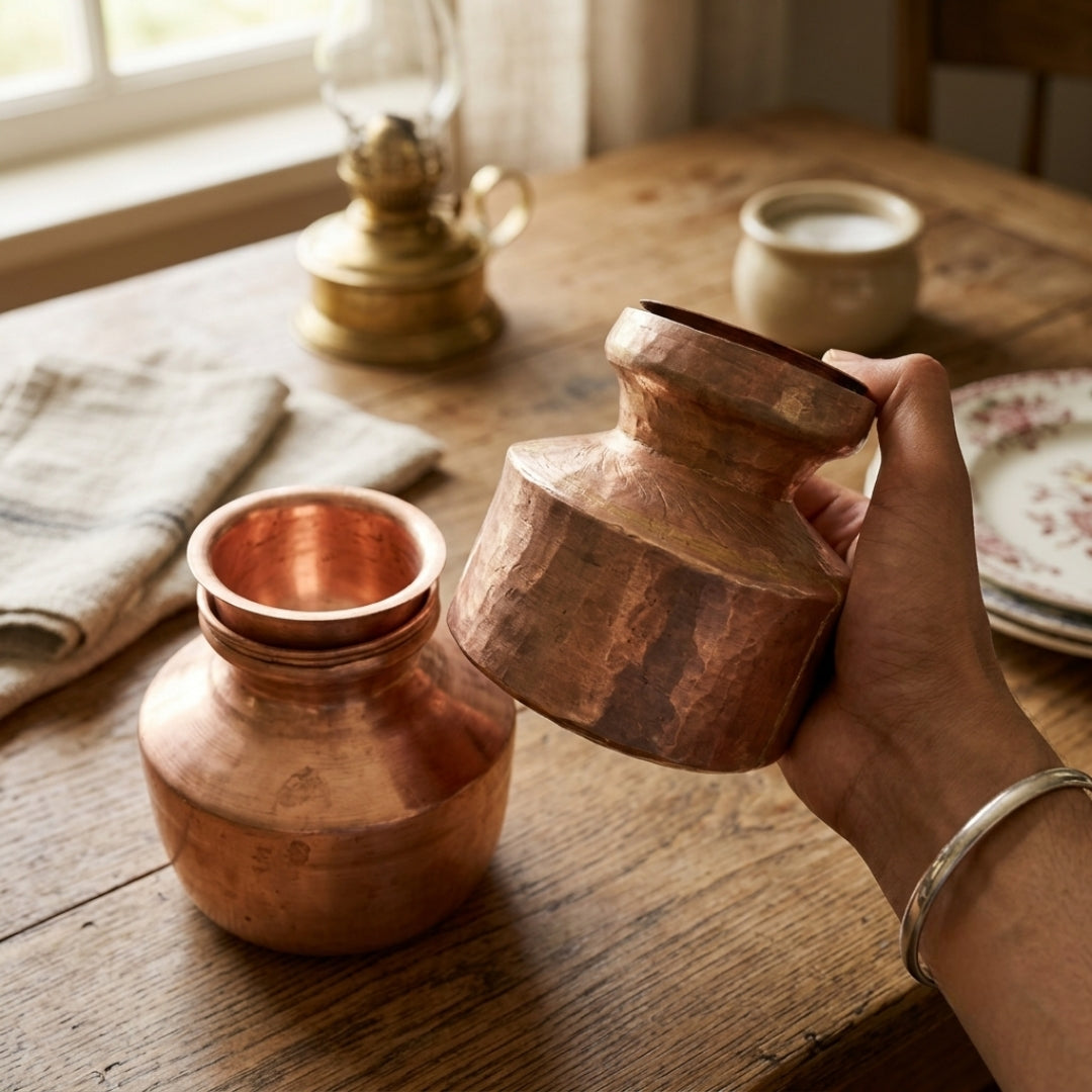 Antique Copper Kalash Pair | Traditional Hammered Copper Vessels | Made in 1970
