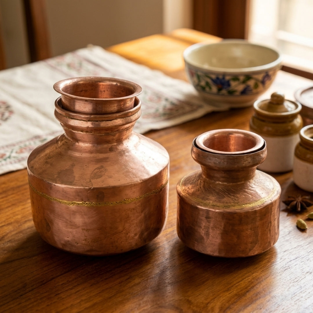 Antique Copper Kalash Pair | Traditional Hammered Copper Vessels | Made in 1970