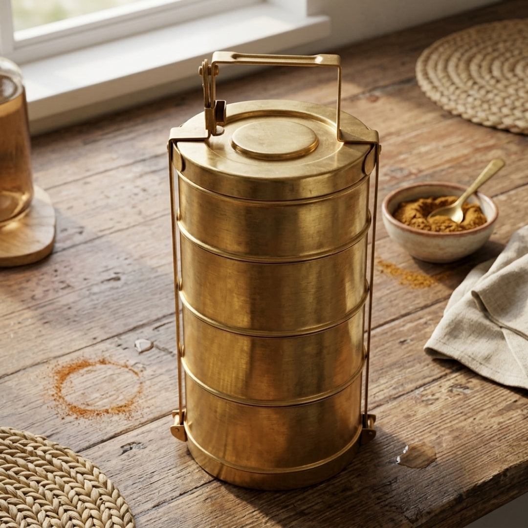 Antique Brass Tiffin Box | Traditional Stackable Multi-Tier Meal Carrier | Made in 1979
