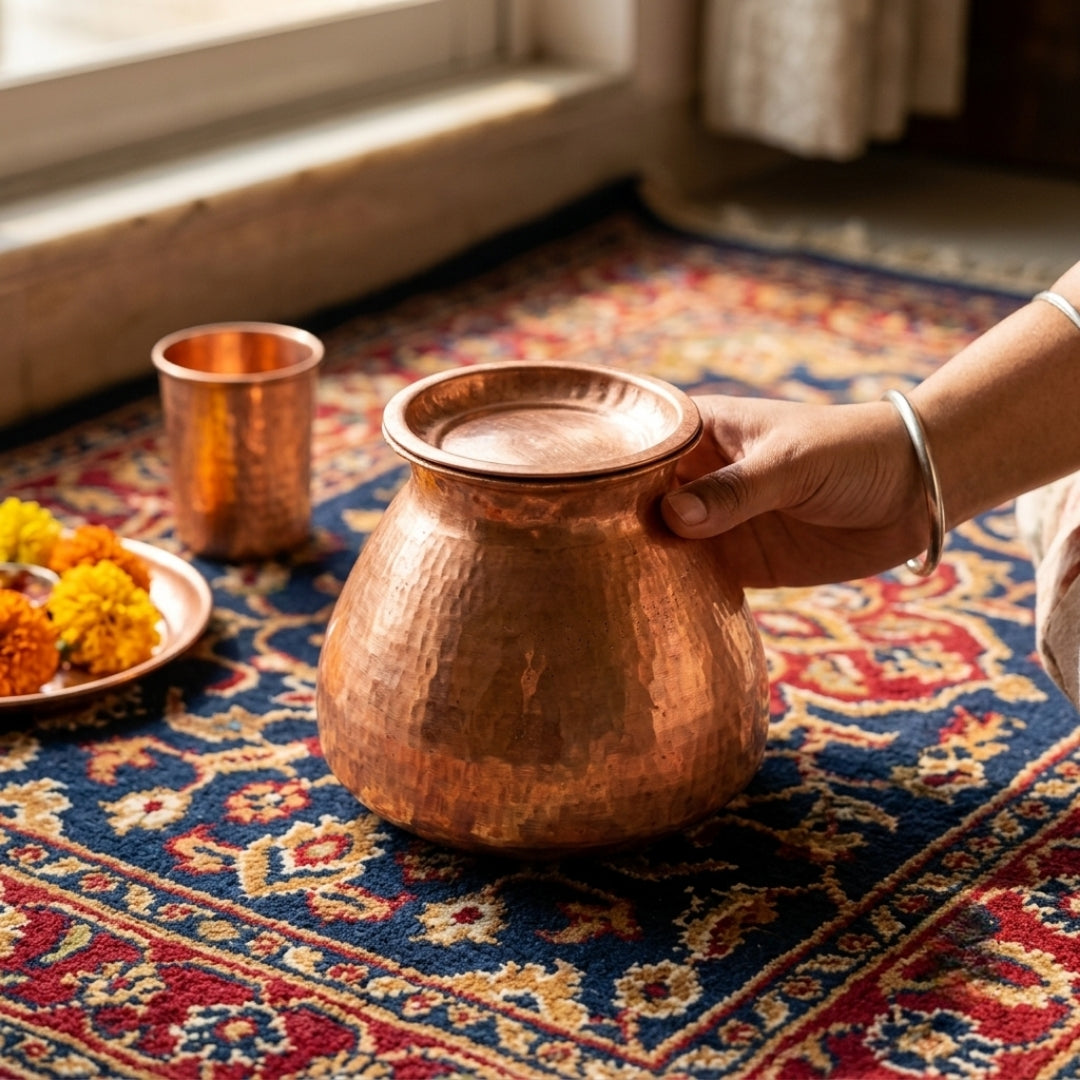 Antique Copper Kalash with Lid | Traditional Hammered Copper Vessel | Made in 1963