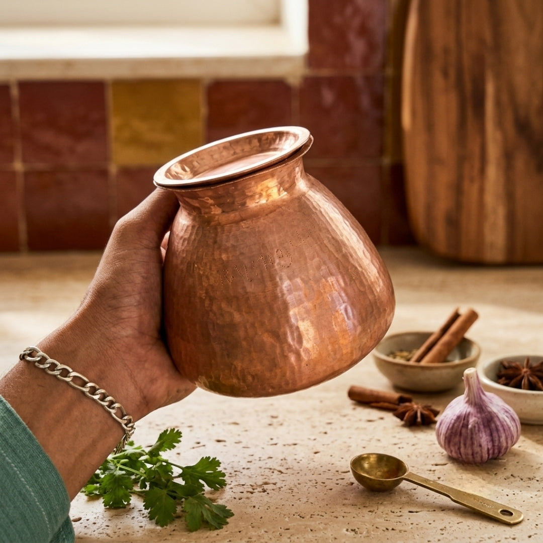Antique Copper Kalash with Lid | Traditional Hammered Copper Vessel | Made in 1963