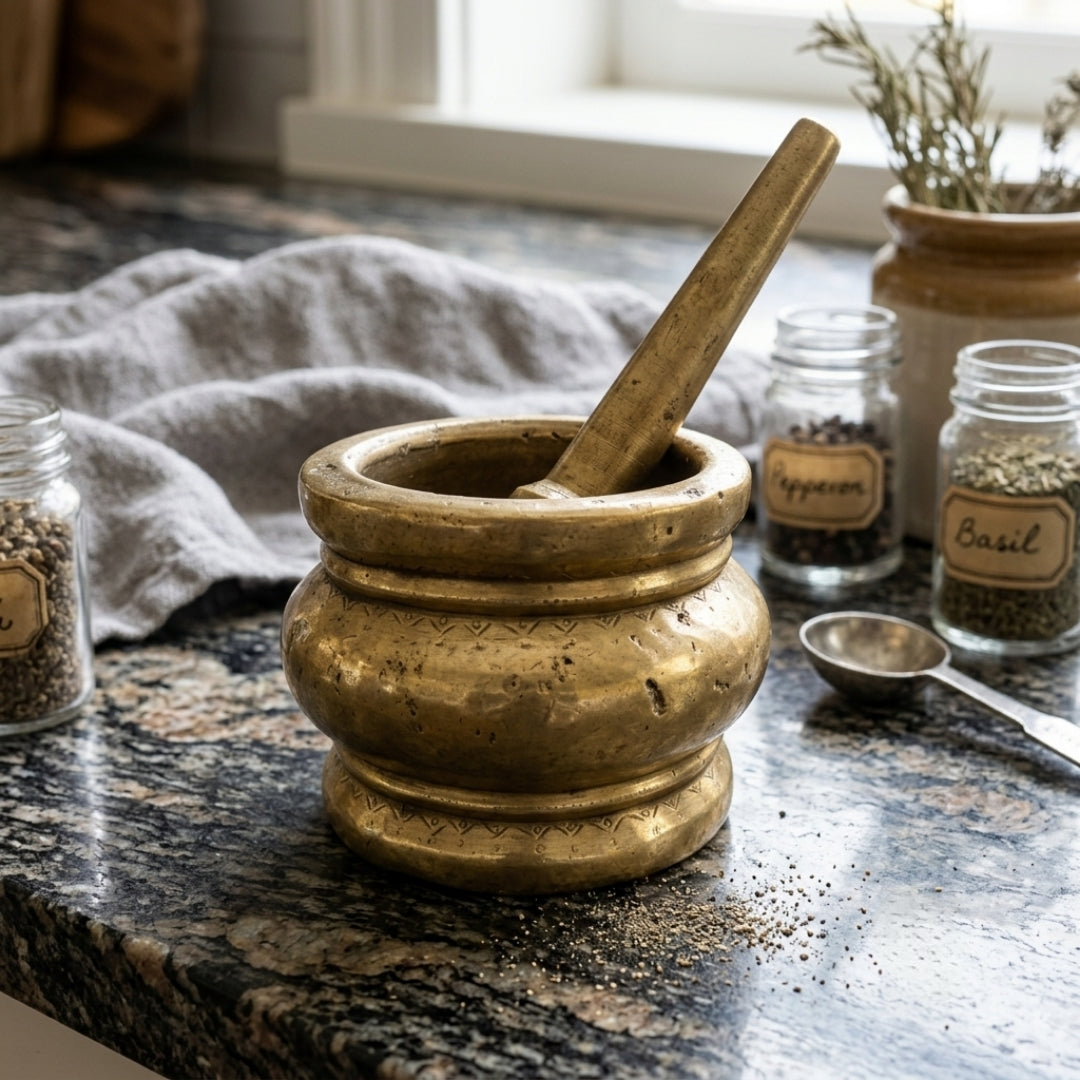 Antique Brass Engraved Heavy Khalbatta | Traditional Mortar & Pestle | Made in 1969