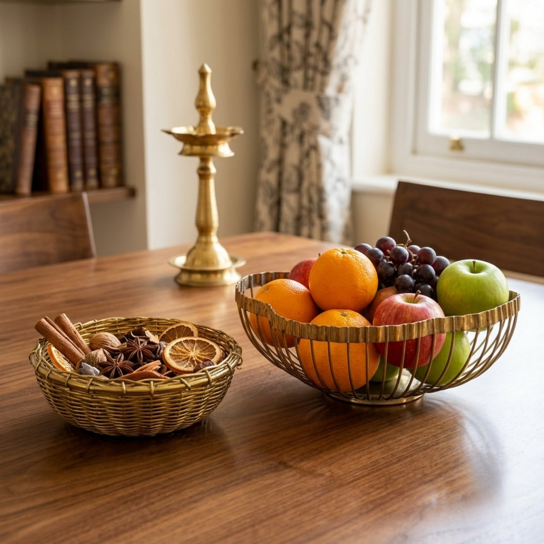 Antique Brass Wire Basket Pair | Traditional Decorative Fruit and Storage Bowls | Made in 1974