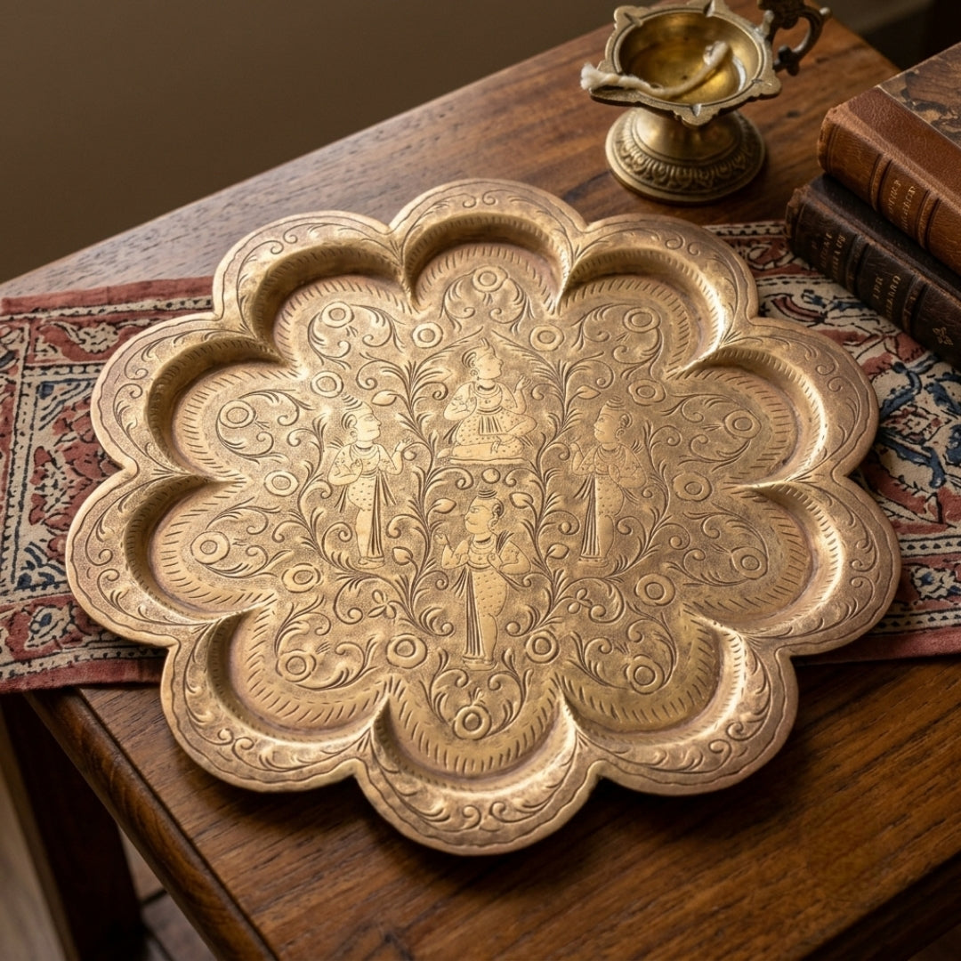 1973 Antique Brass Engraved Plate | Traditional Decorative Serving Tray | Made in 1973