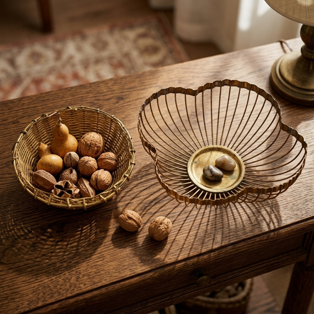 Antique Brass Wire Basket Pair | Traditional Decorative Fruit and Storage Bowls | Made in 1974
