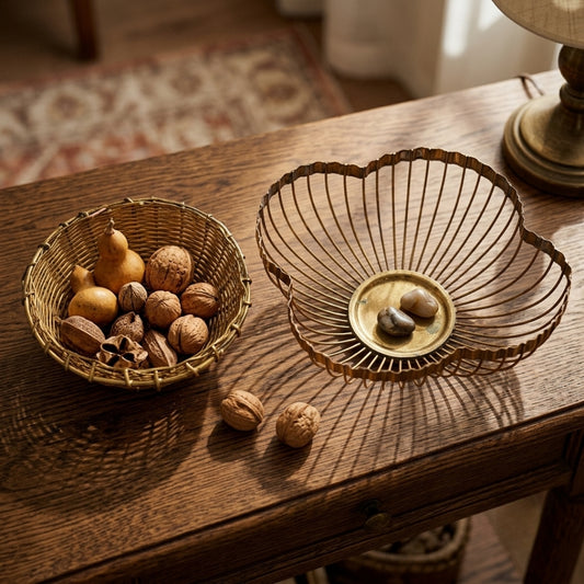 Antique Brass Wire Basket Pair | Traditional Decorative Fruit and Storage Bowls | Made in 1974