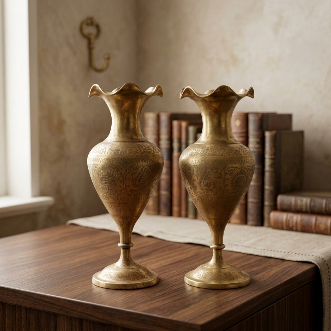 1975 Antique Brass Engraved Vase Pair | Traditional Decorative Floral Vases | Made in 1975
