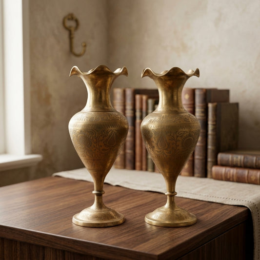 1975 Antique Brass Engraved Vase Pair | Traditional Decorative Floral Vases | Made in 1975