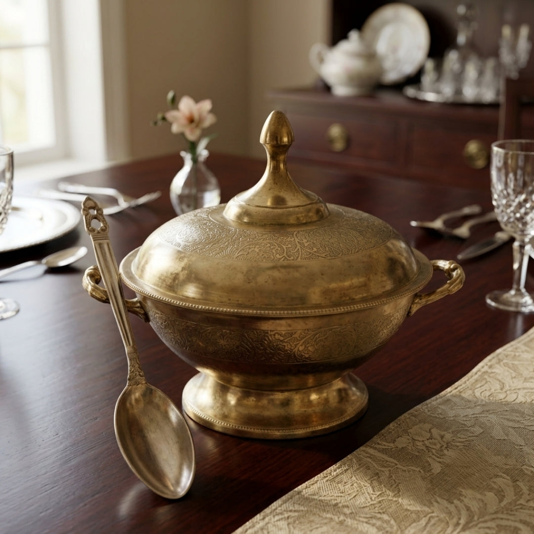 Antique Brass Engraved Bowl with Lid and Spoon | Traditional Serving Tureen Set | Made in 1982