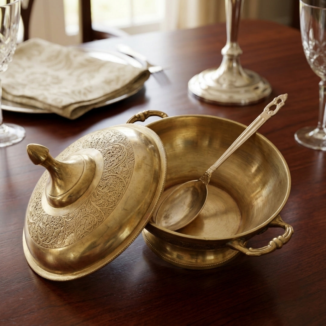 Antique Brass Engraved Bowl with Lid and Spoon | Traditional Serving Tureen Set | Made in 1982