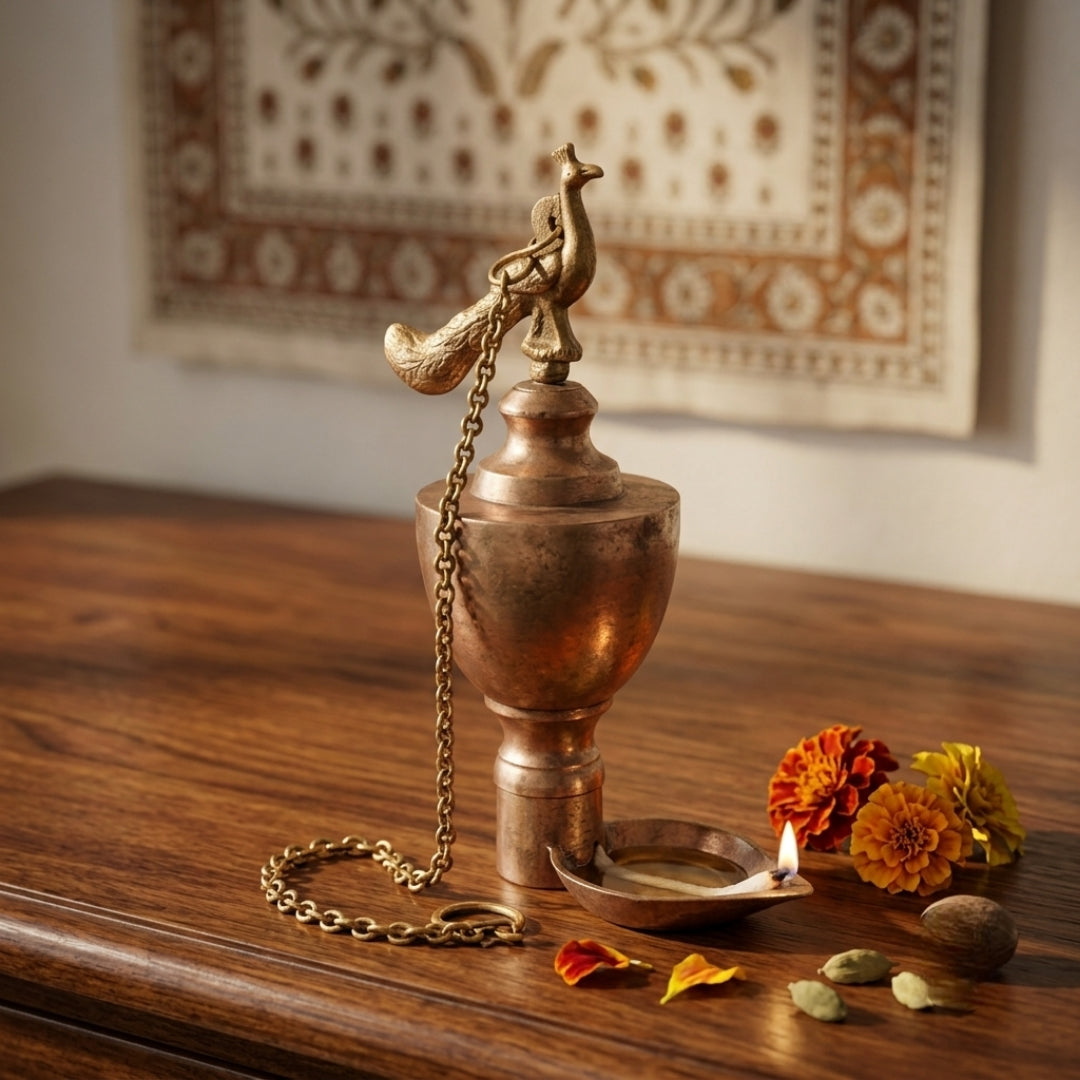 Antique Brass Peacock Hanging Lamandiva | Traditional Hanging Oil Lamp | Made in 1978