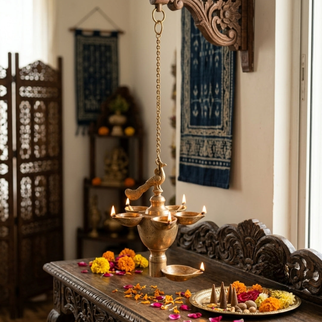 Antique Brass Peacock Hanging Lamandiva | Traditional Hanging Oil Lamp | Made in 1978