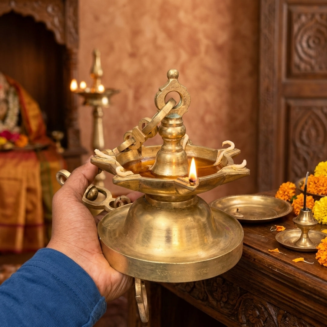 Antique Brass Hanging Diya | Traditional Hanging Oil Lamp | Made in 1980