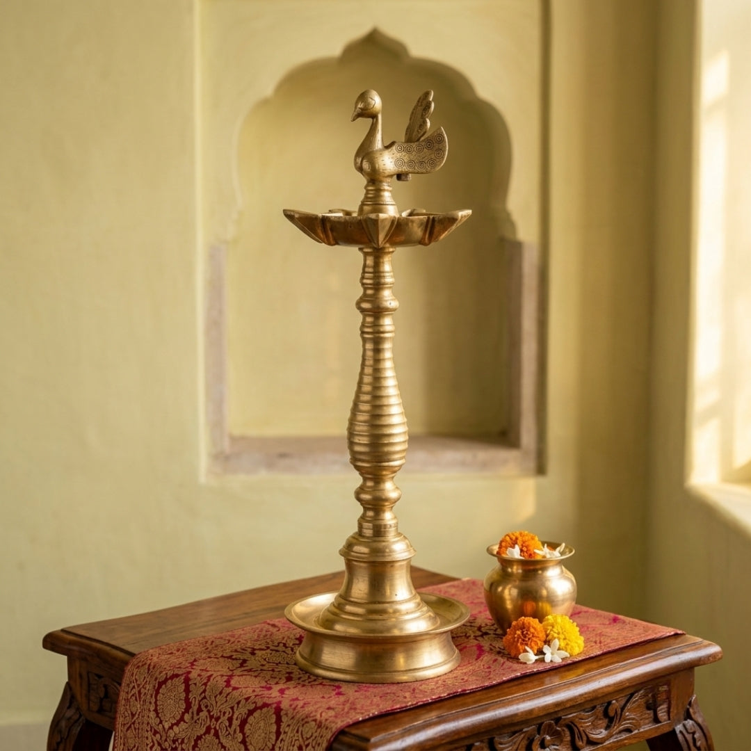 Antique Brass Peacock Samay | Traditional Ritual Lamp | Made in 1978