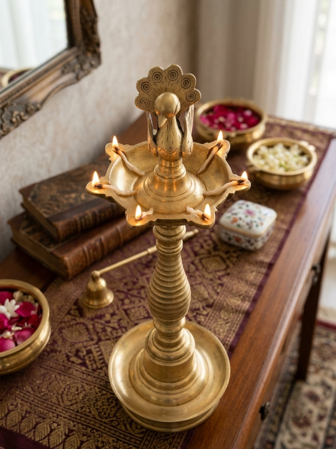 Antique Brass Peacock Samay | Traditional Ritual Lamp | Made in 1978