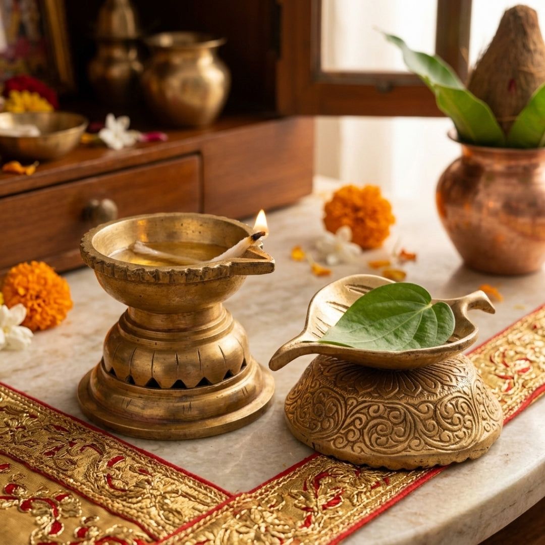 Antique Brass Engraved Leaf Diya Set | Traditional Ritual Oil Lamp Pair | Made in 1978