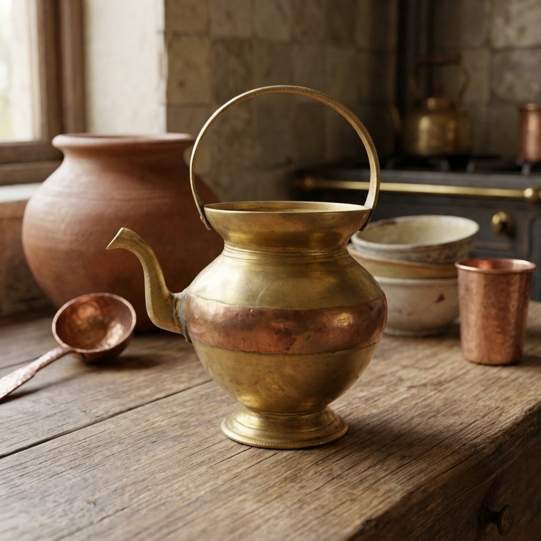 Antique Brass Ganga Jamuna Kalash | Traditional Spouted Heritage Vessel | Made in 1976