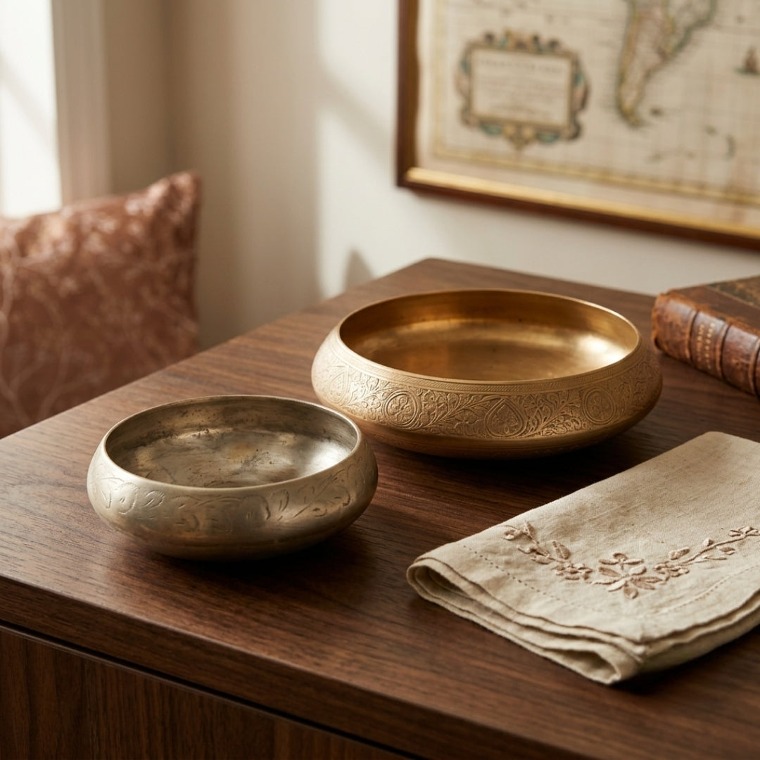 Antique Brass Engraved Urli Pair | Traditional Chased Decorative Bowls | Made in 1968