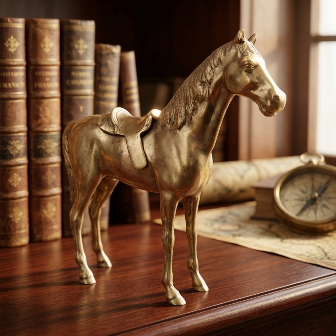 Antique Brass Horse Figurine | Traditional Equine Sculptural Accent | Made in 1969