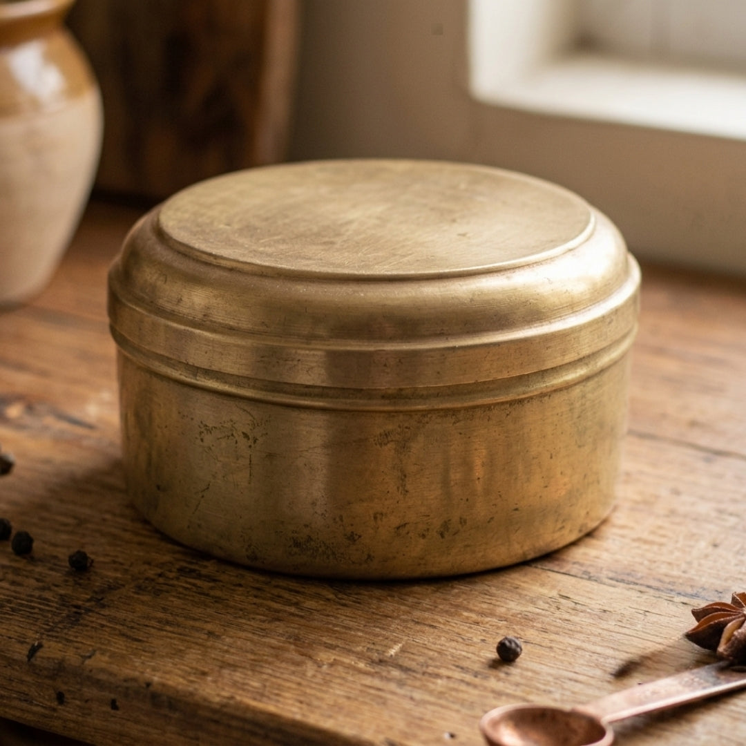 Antique Brass Spice Box | Traditional Multi-Compartment Masala Dabba | Made in 1975