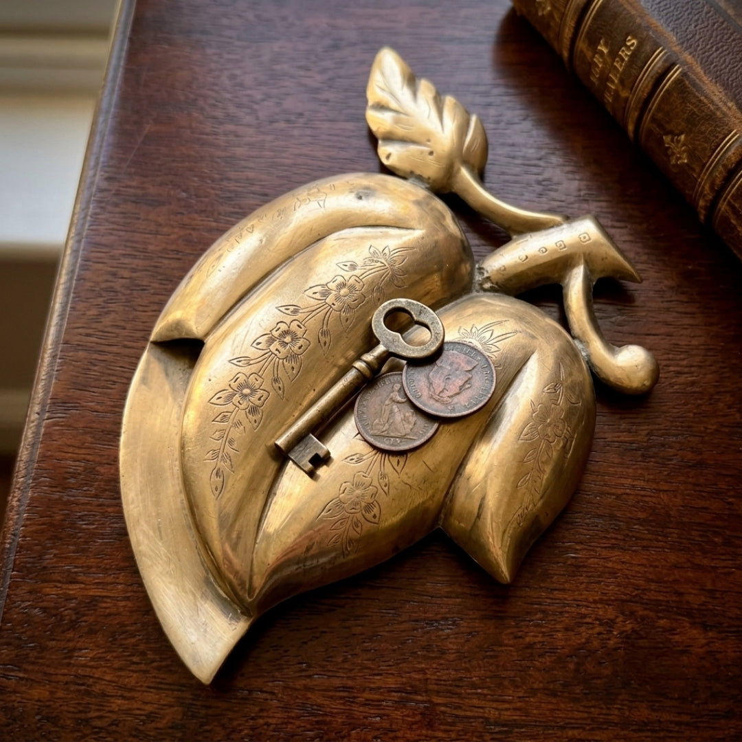 Antique Brass Engraved Mango Wall Mount Tray | Traditional Botanical Decorative Catch-All | Made in 1977