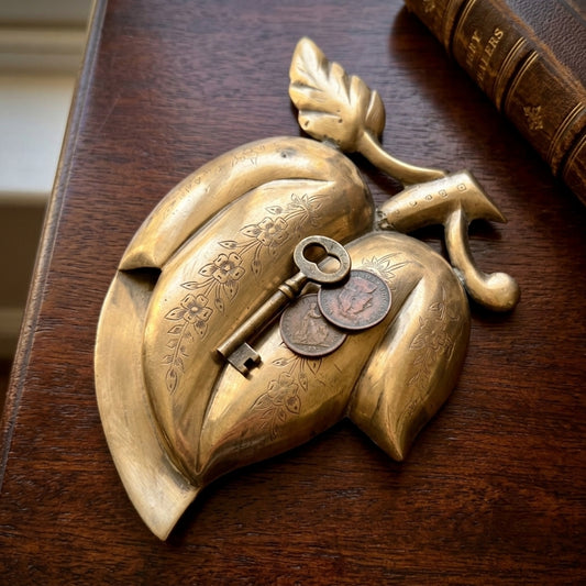 Antique Brass Engraved Mango Wall Mount Tray | Traditional Botanical Decorative Catch-All | Made in 1977