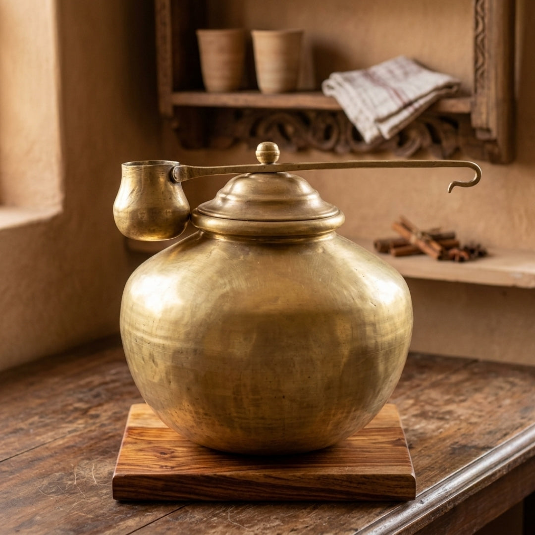 Antique Brass Cooking Pot with Lid, Ladle and Stand | Traditional Culinary Heritage Vessel | Made in 1970