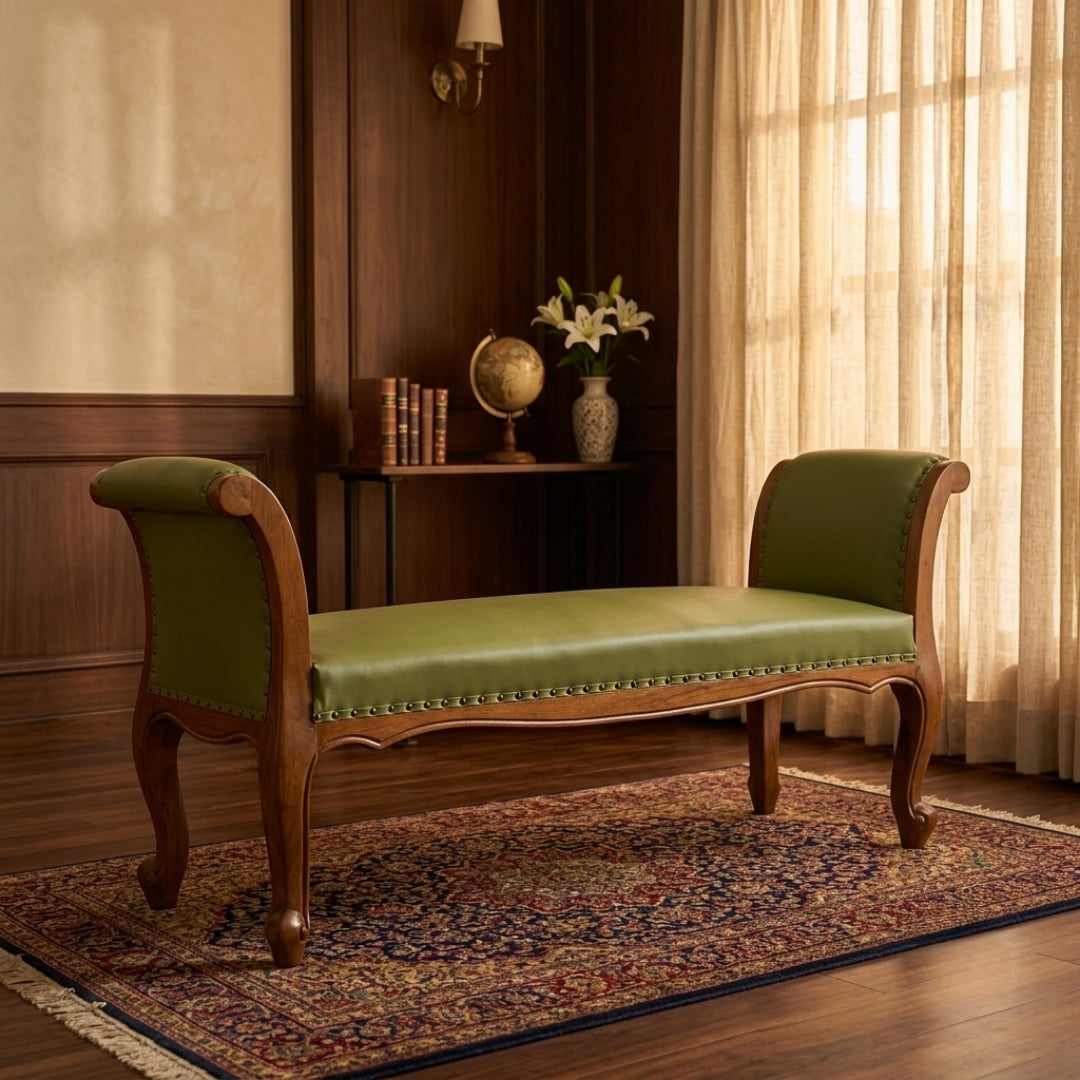 Antique Sagwan Teak Wood Green Upholstered Recamier Bench | Solid Teak Colonial Lounge Bench | Inspired by Indo-Portuguese Design | 1970s