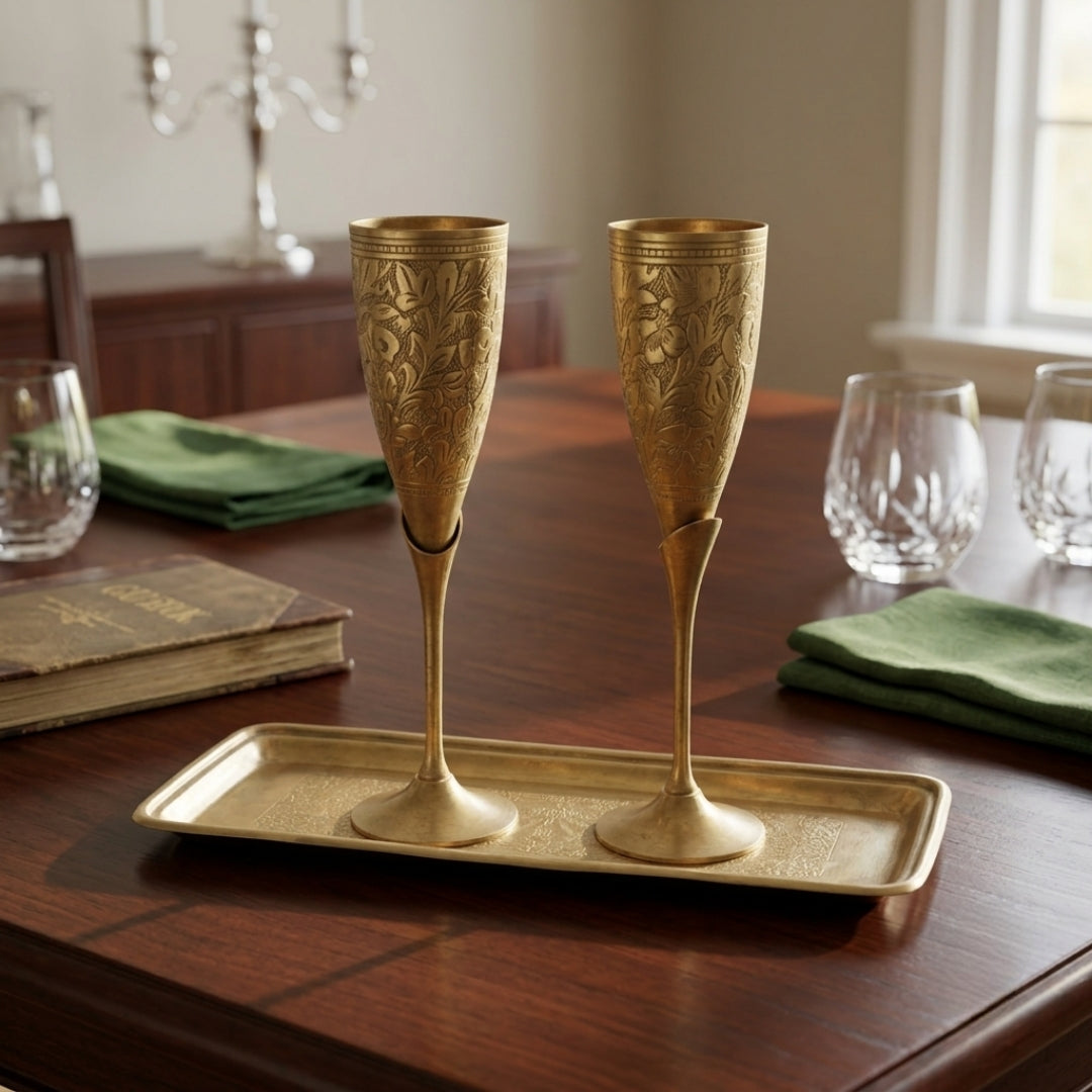 Antique Brass Engraved Wine Glass Set with Tray | Traditional Chalice and Serving Platter Set | Made in 1973