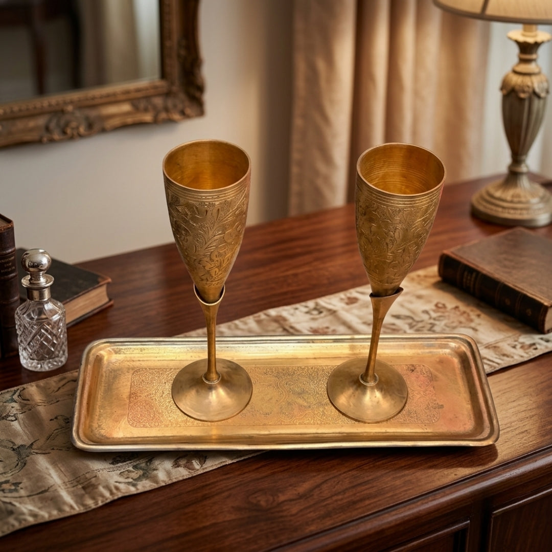 Antique Brass Engraved Wine Glass Set with Tray | Traditional Chalice and Serving Platter Set | Made in 1973