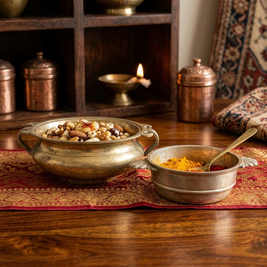 Antique Brass Small Urli Pair | Traditional Handled Serving Bowls | Made in 1983 - Bombay Antiques