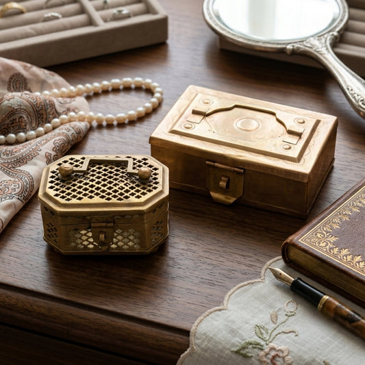 Antique Brass Small Lock Box Pair | Traditional Hinged Trinket Containers | Made in 1972