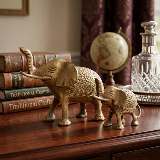 Antique Brass Elephant Figurine Pair | Traditional Ornate Animal Sculptures | Made in 1976