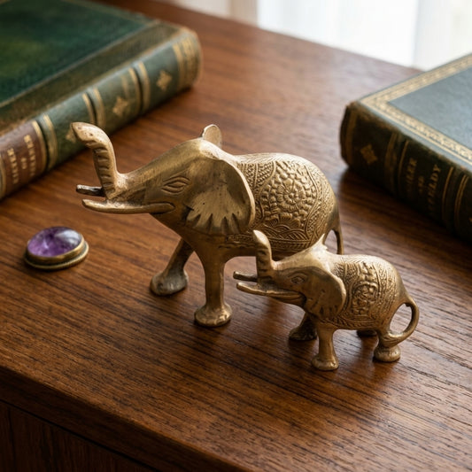 Antique Brass Elephant Figurine Pair | Traditional Ornate Animal Sculptures | Made in 1976