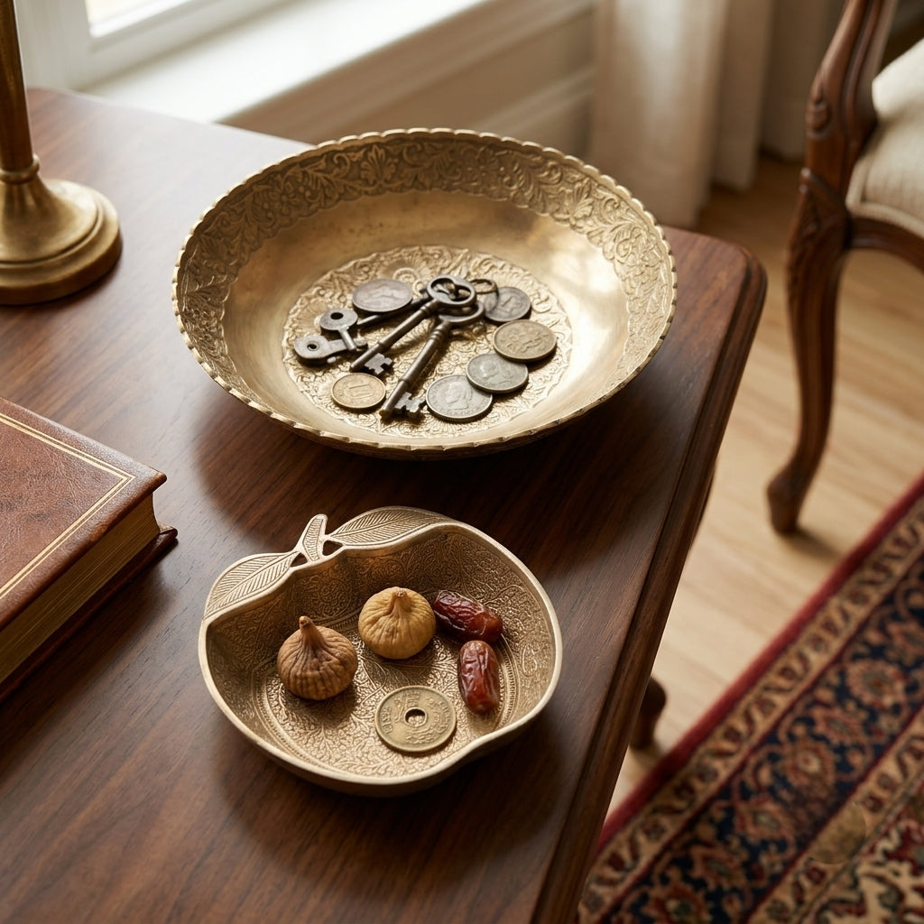 Antique Brass Engraved Decor Bowl Pair | Traditional Decorative Tableware Set | Made in 1977