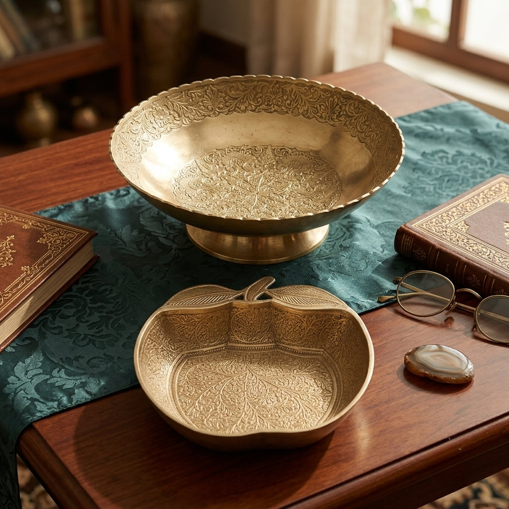 Antique Brass Engraved Decor Bowl Pair | Traditional Decorative Tableware Set | Made in 1977