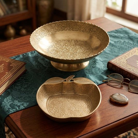 Antique Brass Engraved Decor Bowl Pair | Traditional Decorative Tableware Set | Made in 1977