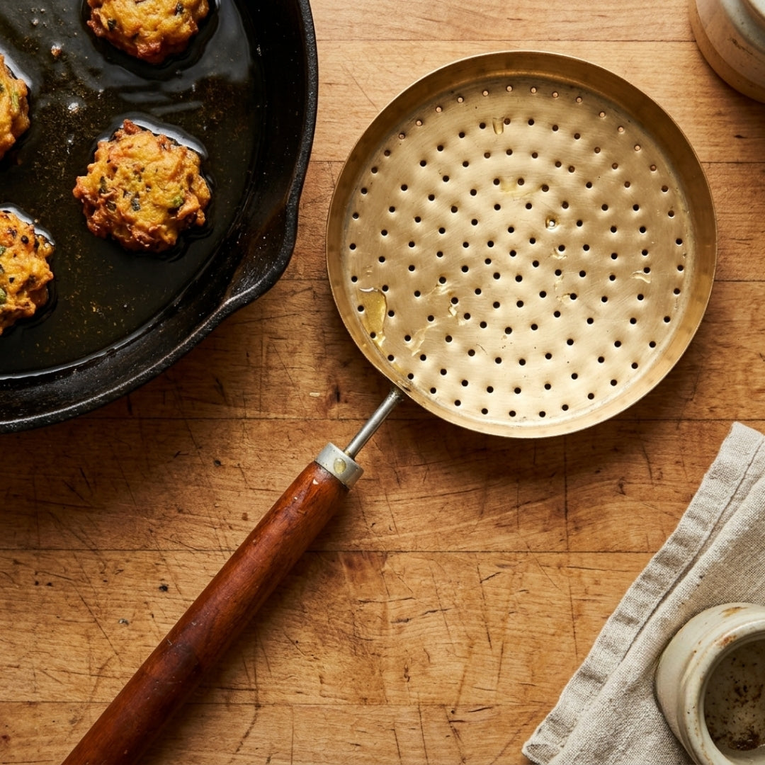 Antique Brass Channi with Wooden Handle | Traditional Perforated Skimmer Strainer | Made in 1979