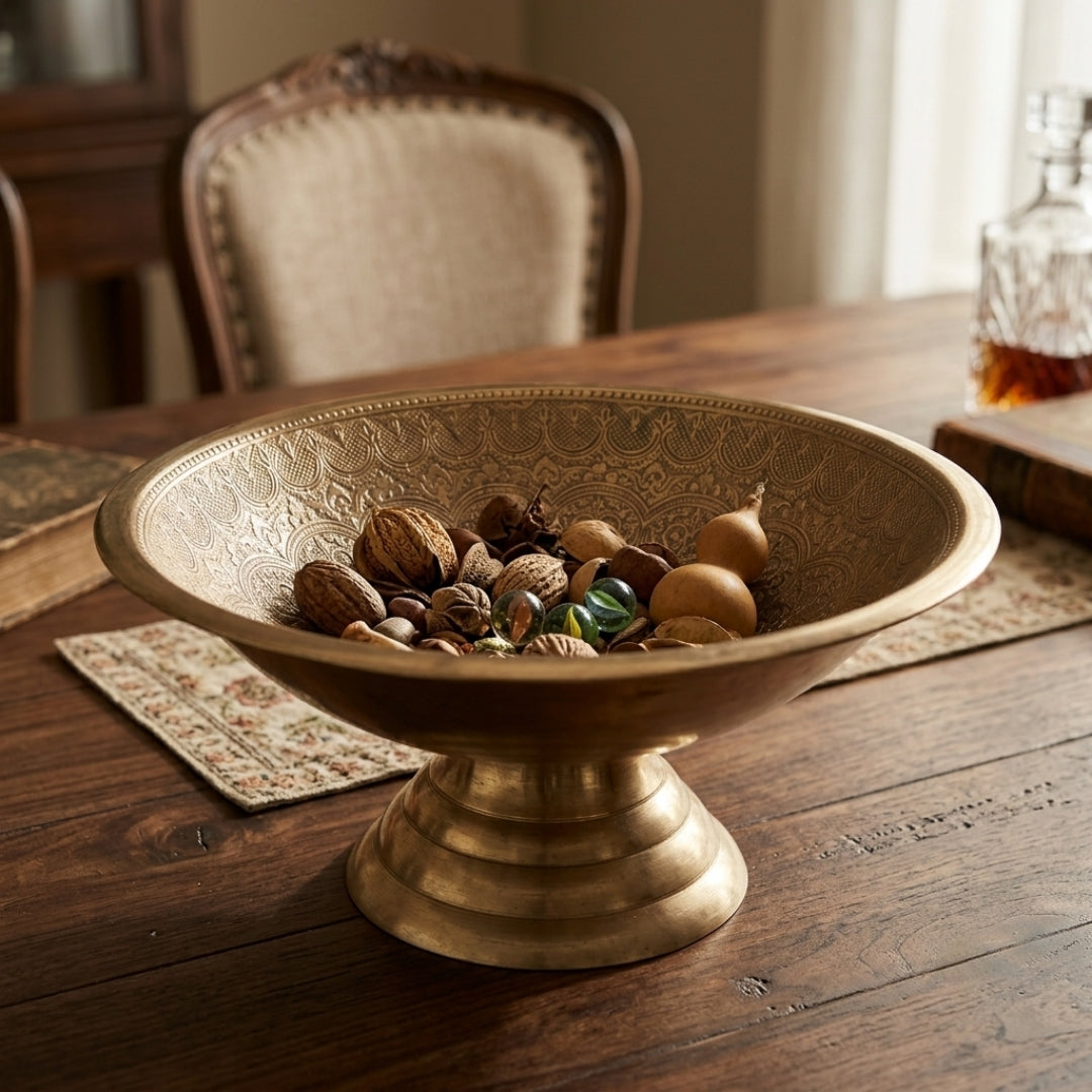 Antique Brass Engraved Pedestal Bowl | Traditional Chased Decorative Fruit Bowl | 1978