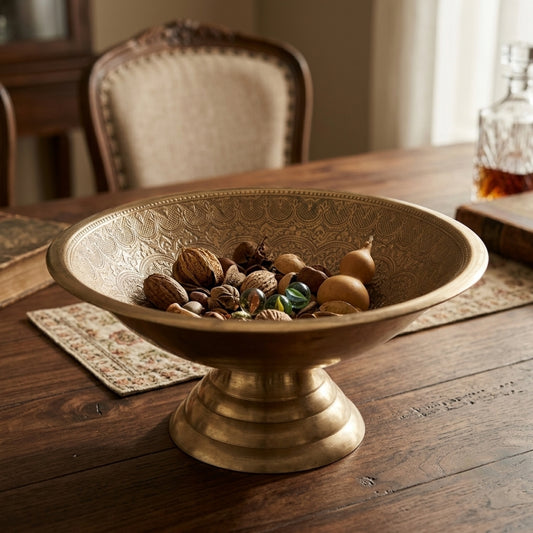 Antique Brass Engraved Pedestal Bowl | Traditional Chased Decorative Fruit Bowl | 1978