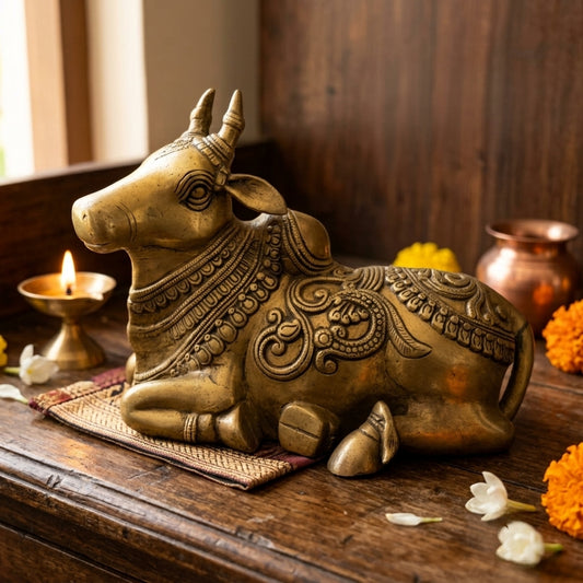Antique Brass Heavy Engraved Nandi Figurine | Traditional Seated Sacred Bull Sculpture | Made in 1966