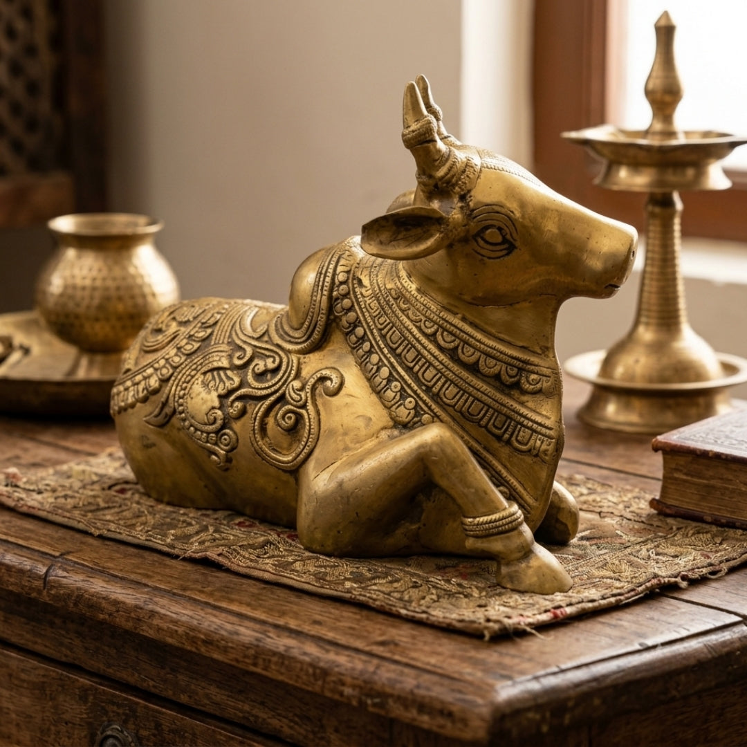 Antique Brass Heavy Engraved Nandi Figurine | Traditional Seated Sacred Bull Sculpture | Made in 1966